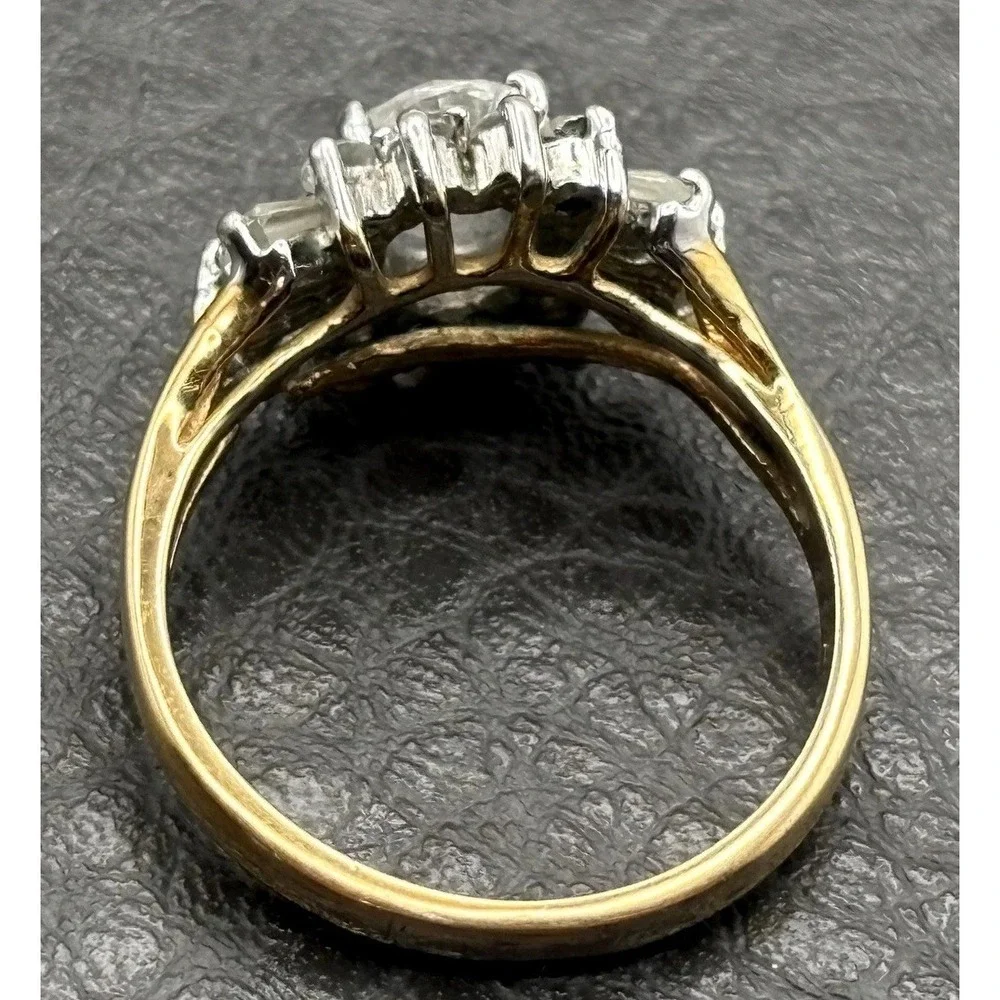 Vintage Yellow Gold Plated Oval CZ Halo Cocktail Ring Round Baguette Accents